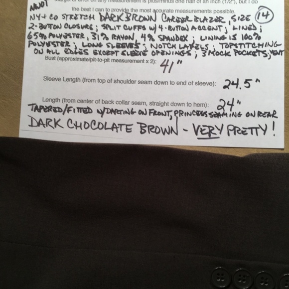 𝅺new YORK & COMPANY STRETCH Career Blazer Jacket, DARK BROWN, NWOT, Size 14 - Picture 9 of 9